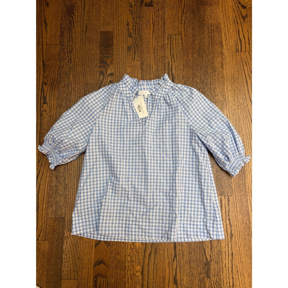 Karli Mayfield Top M Blue Gingham Gold Metallic Ruffle Coastal CottageCore